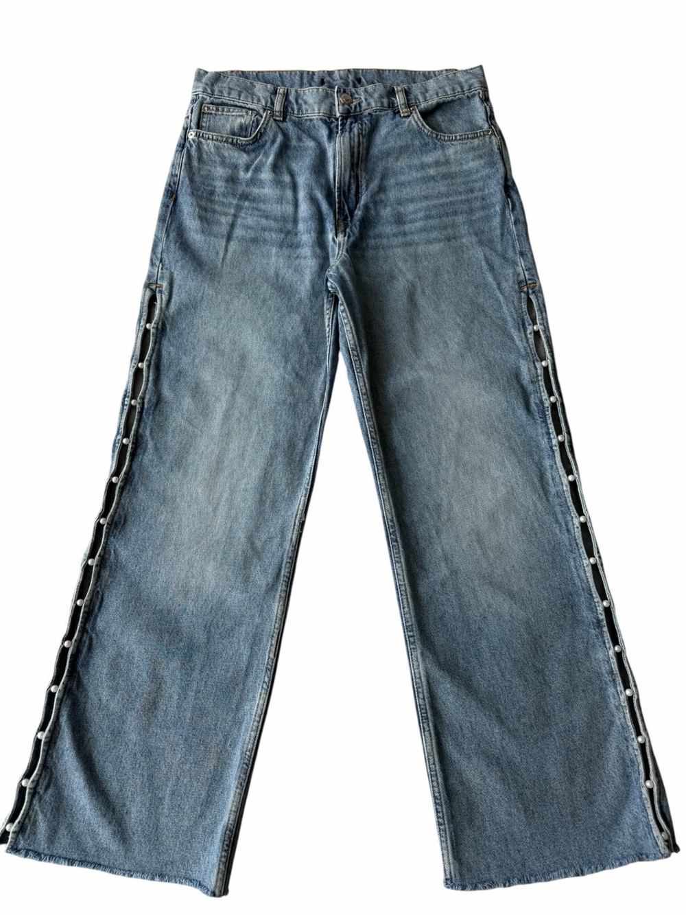 ✅ Maje Light Blue Straight-Leg Cut Out Perl embellished Side Jeans